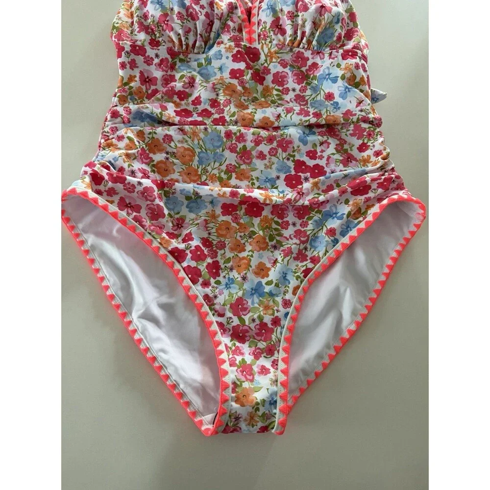 Women's One Piece Swimsuit Tummy Control Shell Stitch floral multicolor size L